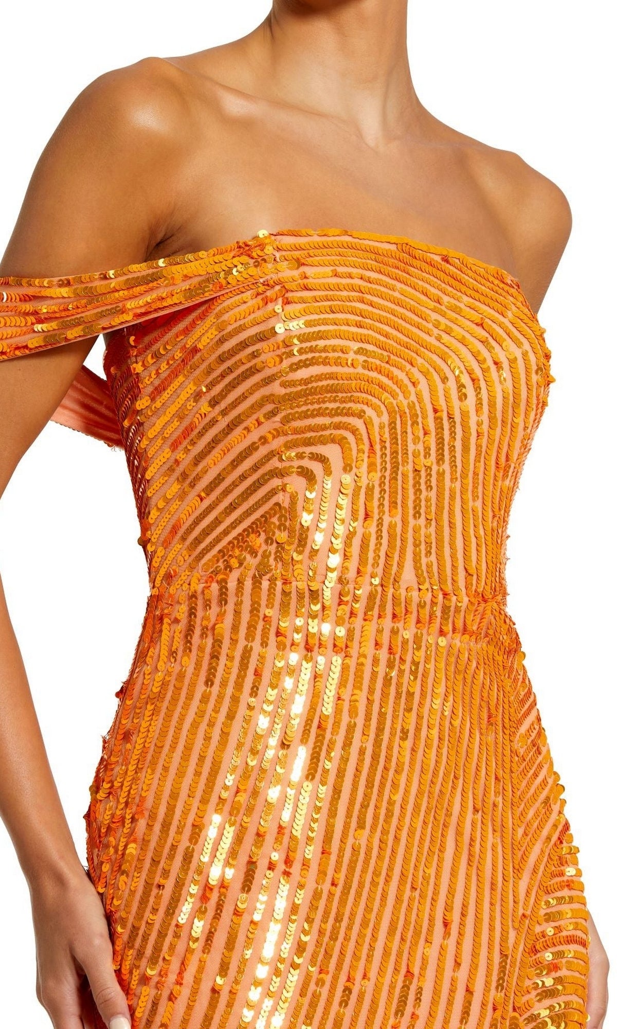 A person wearing the Long Formal Dress 6072 by Mac Duggal—a striking one-shoulder orange sequin gown with vertical and curved stripe patterns, perfect for formal occasions.